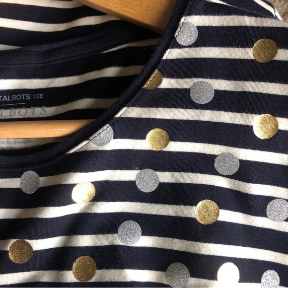 Talbots. Talbots tee long sleeved navy French strip with pretty sprinkled dots - Picture 7 of 9